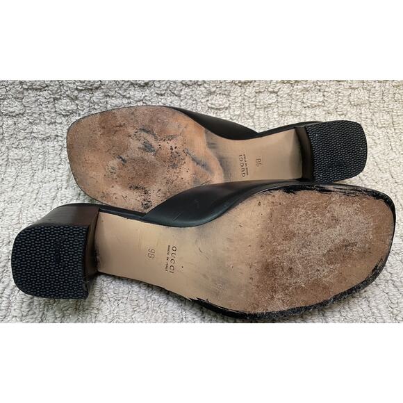 Gucci Black Leather Gold Buckle Slides Mules 9 Box EUC Sandals Shoes COA - Picture 13 of 16